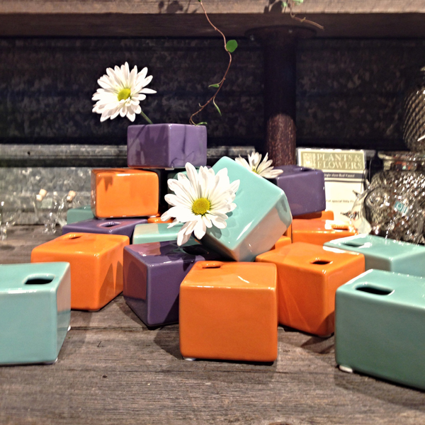 cube, ceramic, cute, orange, teal, purple, daisy, flowers, buds, vases